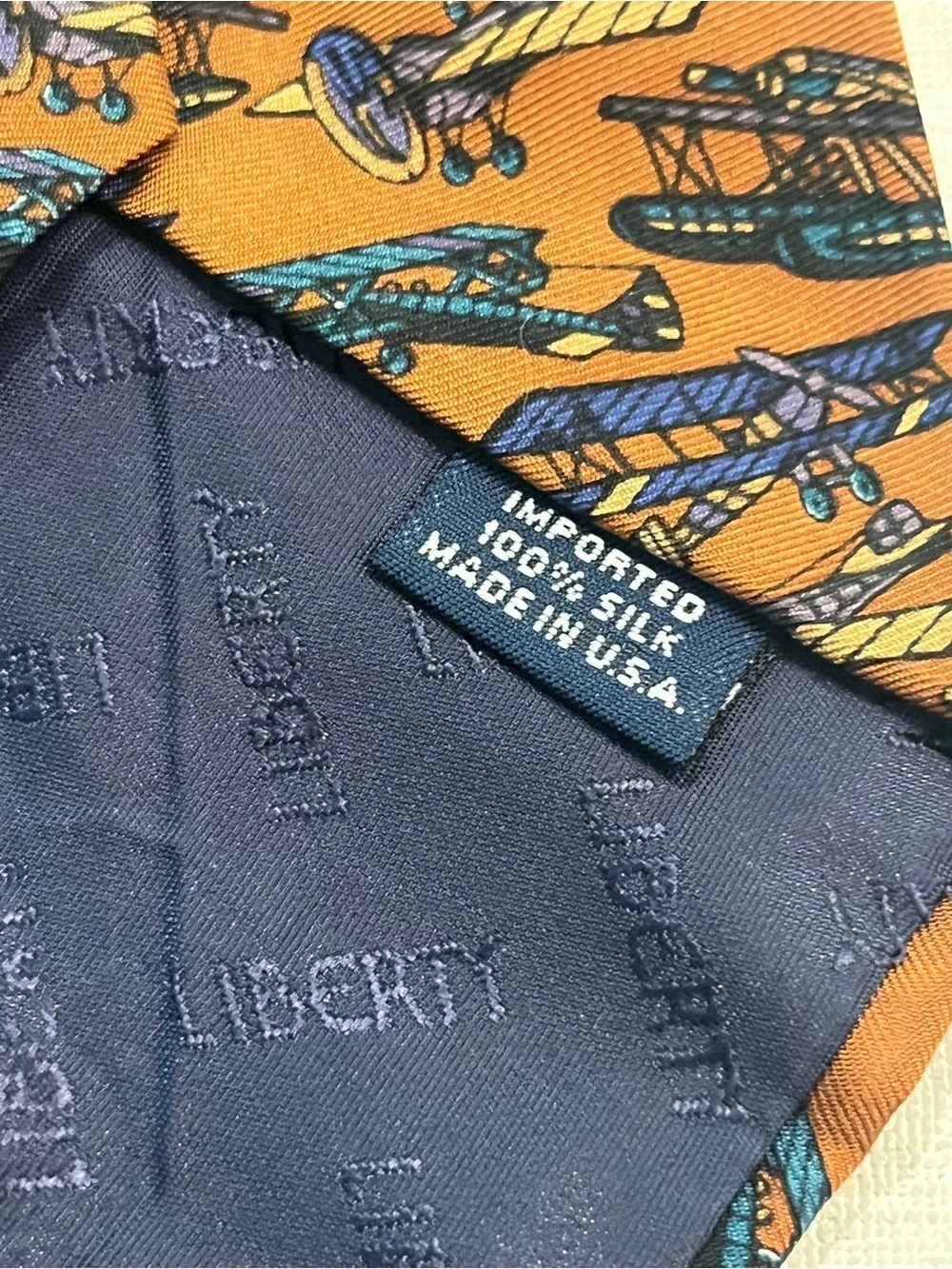 Vintage Liberty of London mustard brown bi-plane print silk Tie. EUC!